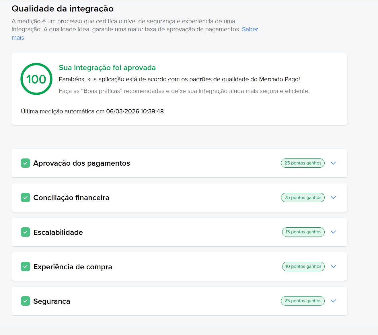 Qualidade da integração Mercado Pago aprovada com pontuação 100